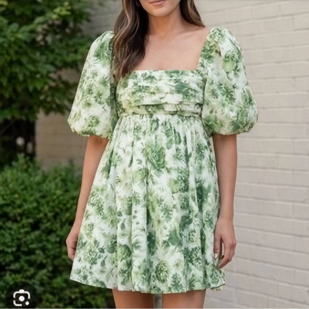 Abercrombie & Fitch Green Floral Puff Sleeve Mini Dress Size X-Large